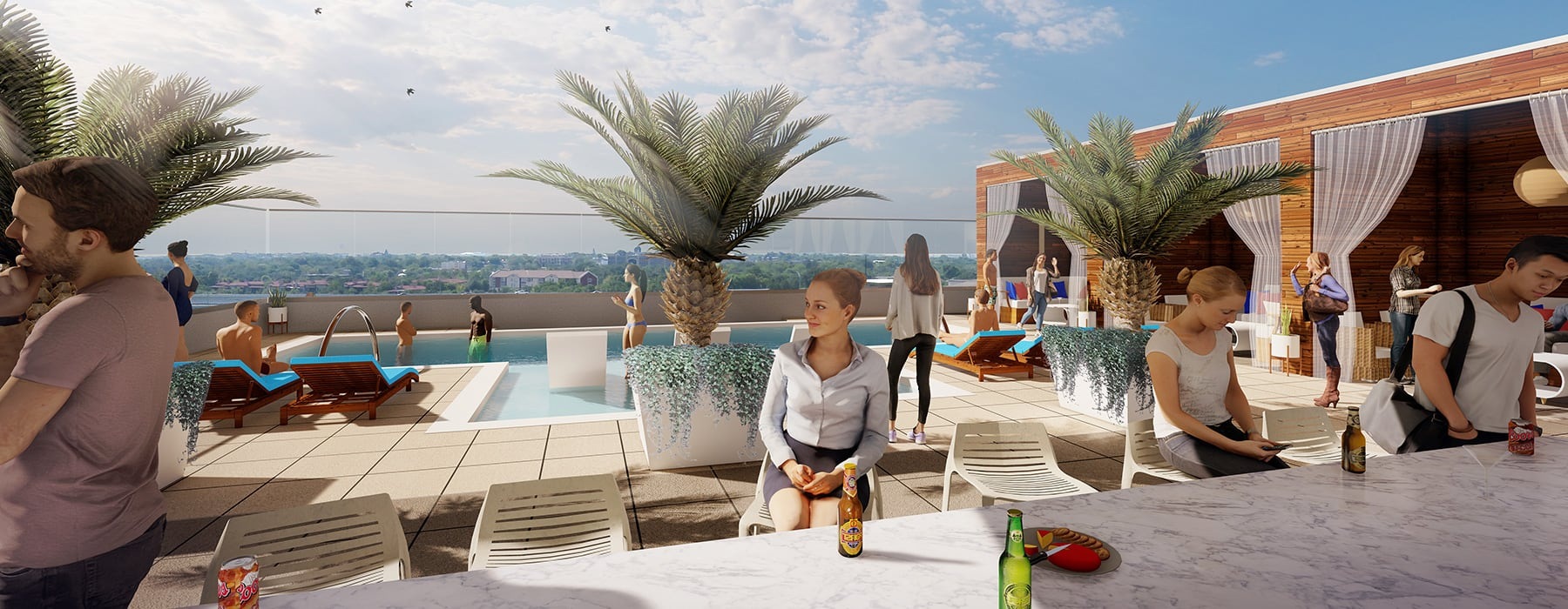 rendering of pool showing tropical landscaping, modern pool design and a nearby resident bar with bar seating